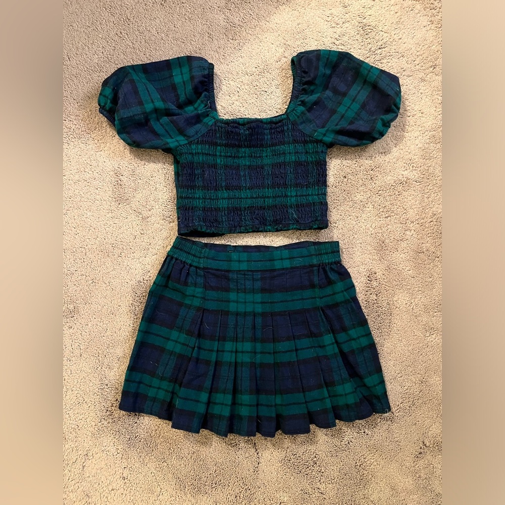 GAP teen 2 piece black watch plaid flannel skirt & top outfit euc
